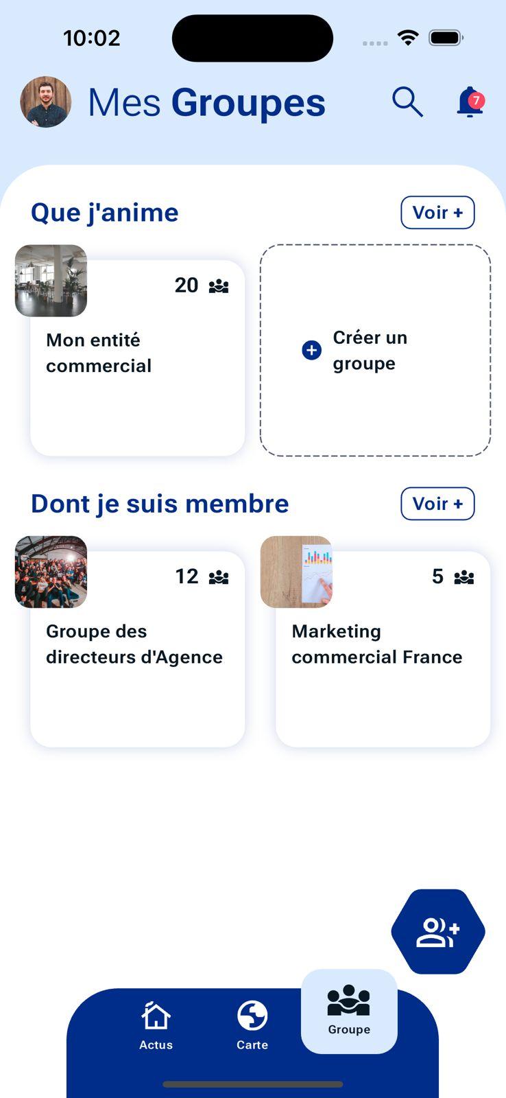 Capture d'écran de la fonctionnalité de groupes de l'application Mercure